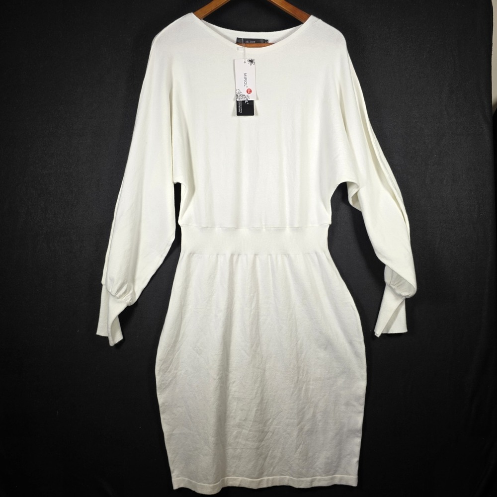 NWT Mirol XL White Sweater Dress Boat Neck Cinched Waist Dolman Balloon Sleeve